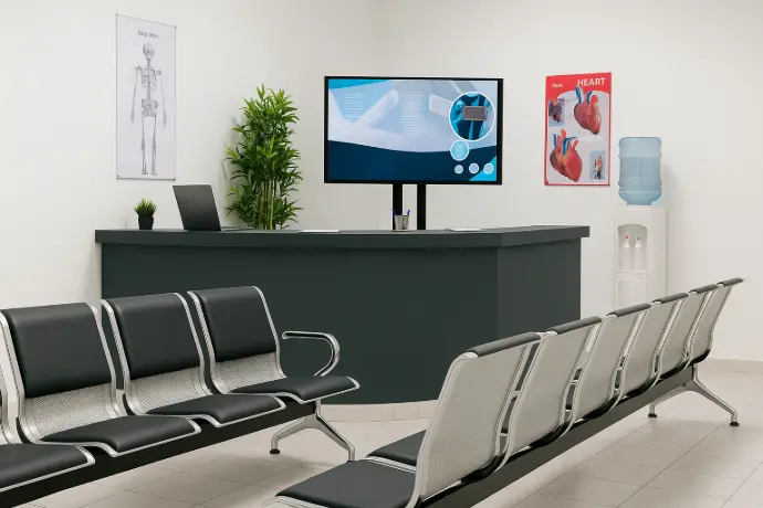 Salle d'attente médicale équipée d'un écran d'affichage